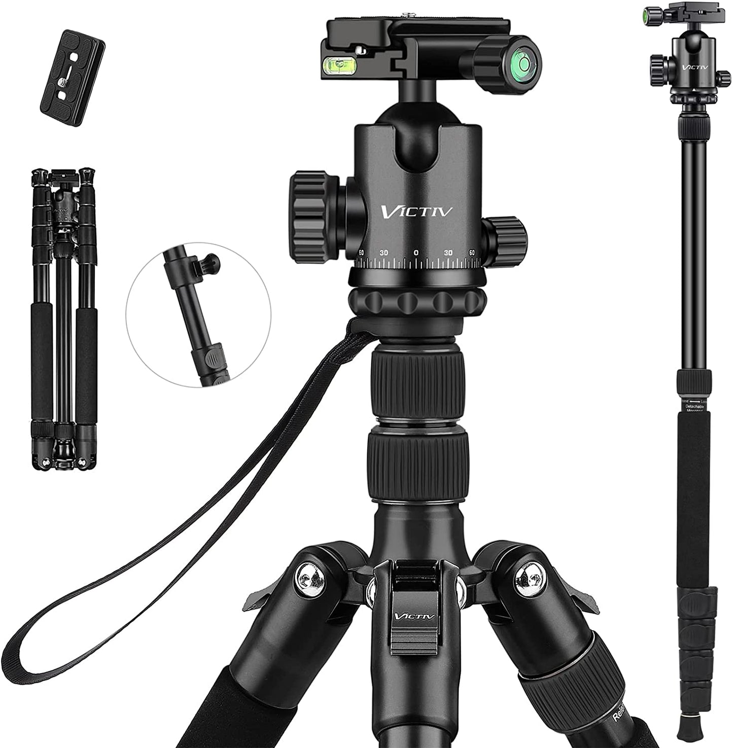 VICTIV 77" Camera Tripod, Travel Tripod for DSLR, Aluminum Professional Tripod with 360° Ball Head, Monopod for Cameras with Carry Bag, Tripod for Spotting Scopes and Binoculars, 34lbs Load-AT25 Black