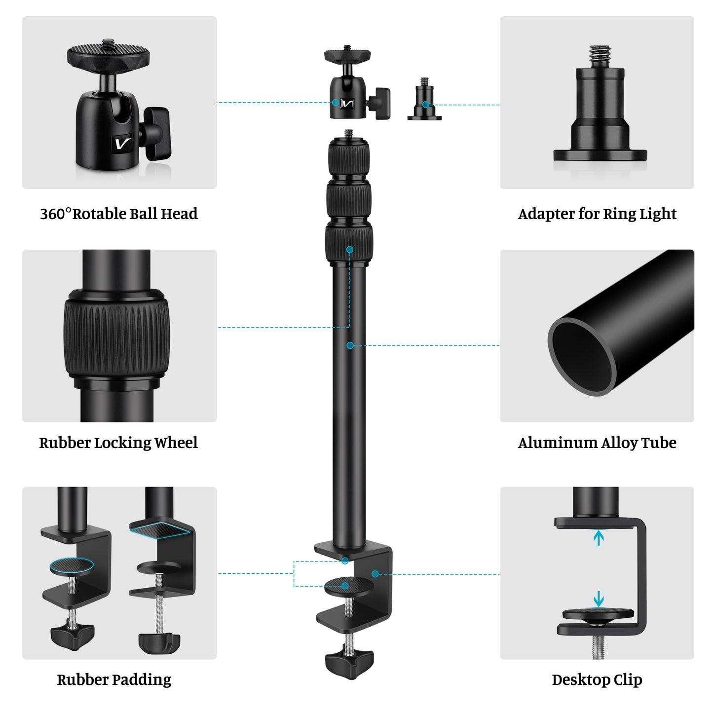 VICTIV Camera Desk Mount Table Stand with Ball Head, 15"-41" Adjustable Desktop Light Stand, Tabletop C Clamp with Phone Clamp, for DSLR Camera, Ring Light, Panel Light, Webcam, Phone