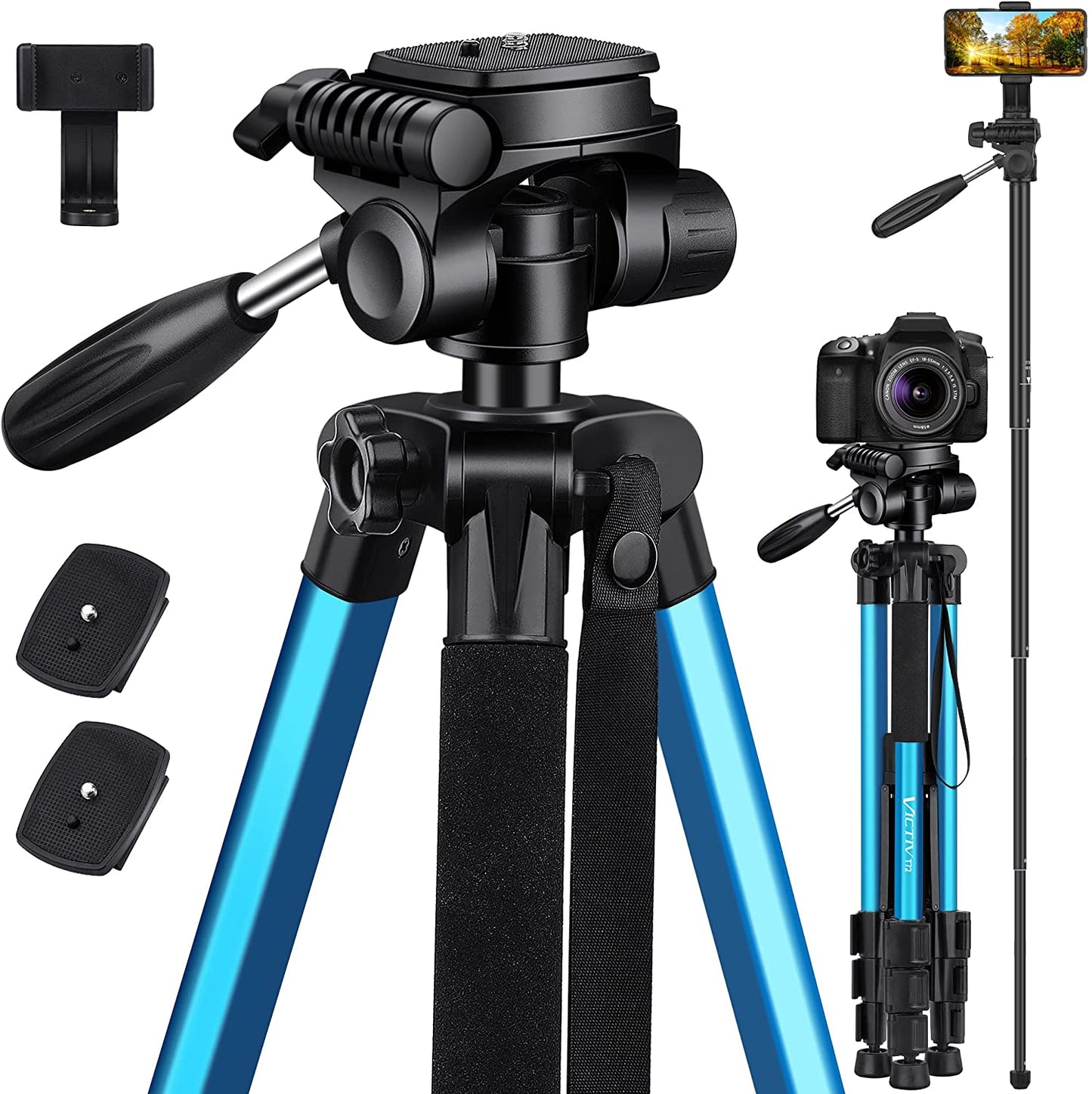 Victiv 72-inch Camera Tripod Aluminum T72 Max Height 182cm- Lightweight Tripod & Monopod Compact for Travel with 3-way Swivel Head and 2 Quick Release Plates for DSLR Video Shooting - Blue