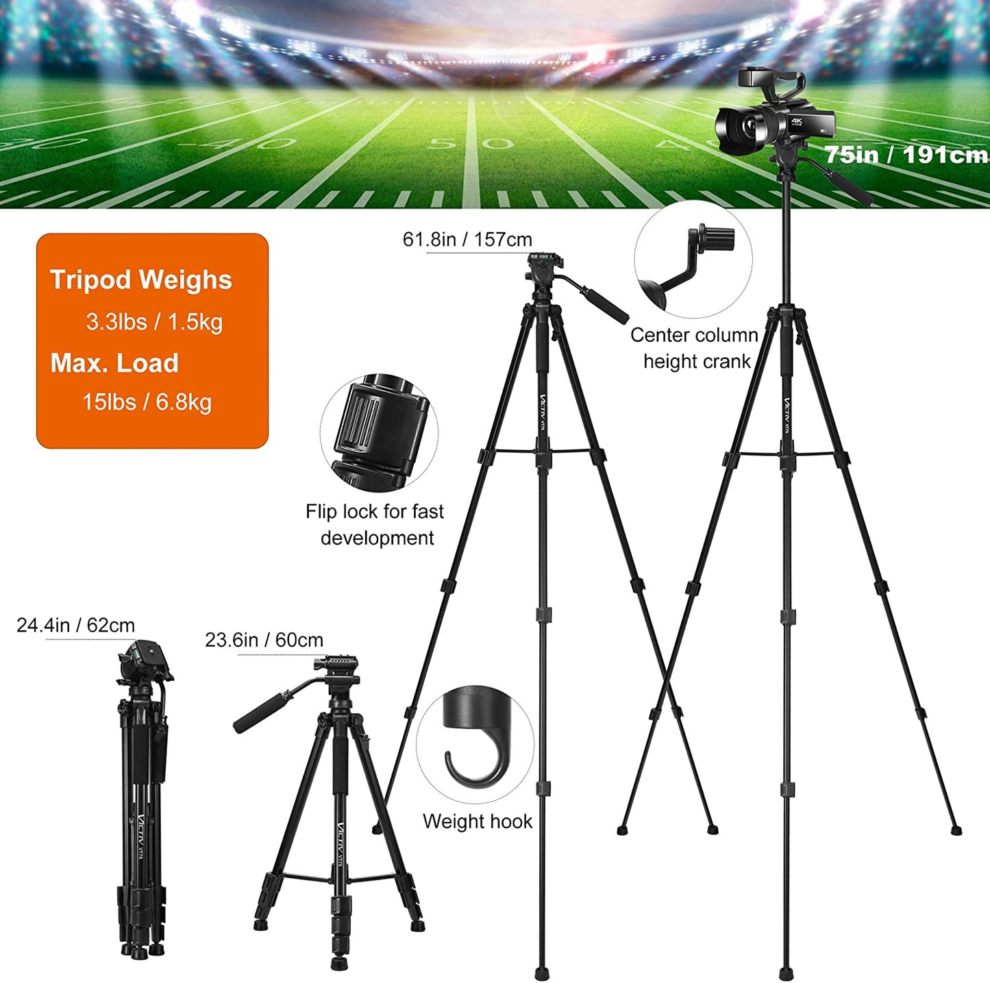 Tripod for Camera, 75 inch DSLR Tripod for Canon Nikon iPhone Smartphone iPad Tablet - Professional Video Tripod 15 lbs Loads with 2 Quick Release Mounts and Carry Case