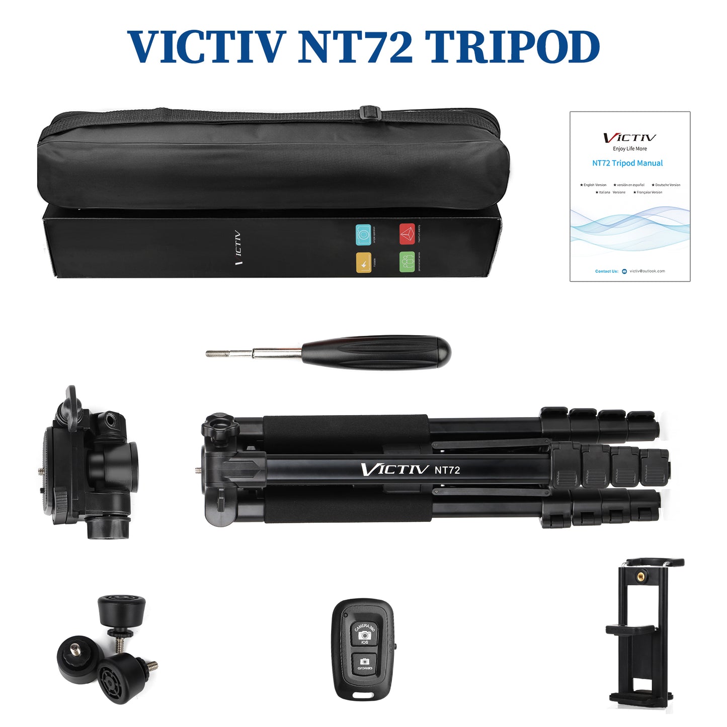 VICTIV 72 inch Camera Tripod with Travel Bag, Phone Tripod with Remote and Phone Holder, Compatible with All Cameras, Cell Phones, Tablets, iPads, Spotting Scopes - NT72 Black