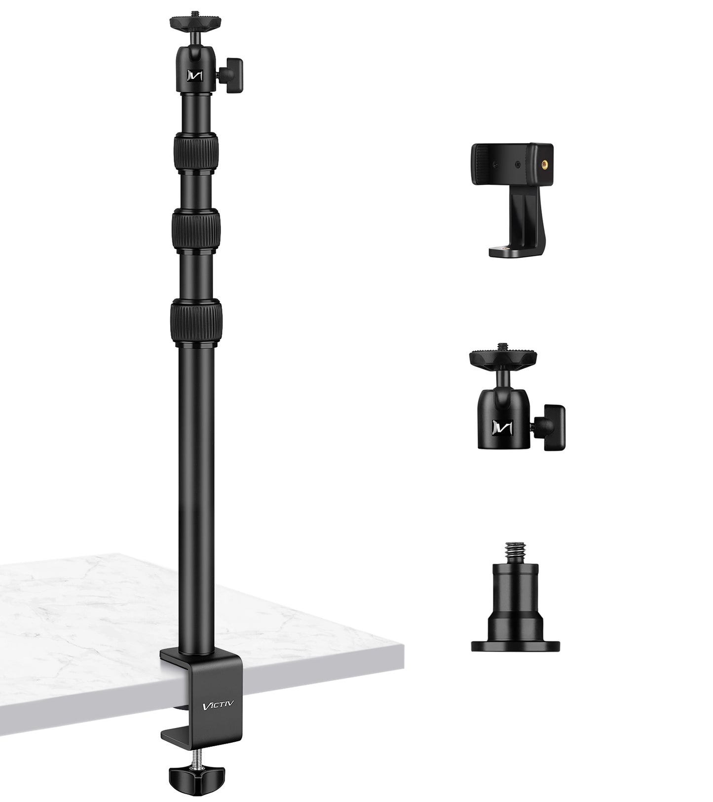 VICTIV Camera Desk Mount Table Stand with Ball Head, 15"-41" Adjustable Desktop Light Stand, Tabletop C Clamp with Phone Clamp, for DSLR Camera, Ring Light, Panel Light, Webcam, Phone