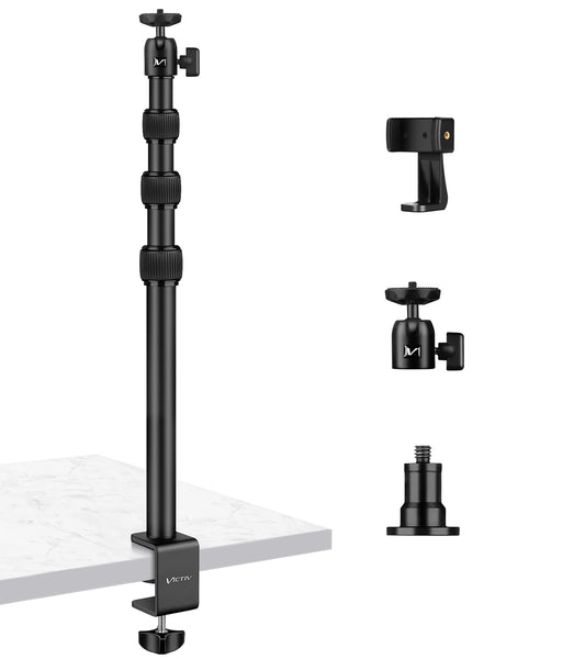 VICTIV Camera Desk Mount Table Stand with Ball Head, 15"-41" Adjustable Desktop Light Stand, Tabletop C Clamp with Phone Clamp, for DSLR Camera, Ring Light, Panel Light, Webcam, Phone