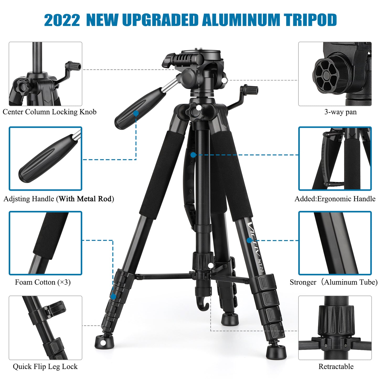 74" Camera Tripod Stand, VICTIV Phone Tripod with Handle and Phone Holder, Lightweight Aluminum Video Tripod,Compatible with Canon/Nikon/Sony Cameras, Max Load 14lbs (New NT70 Black)