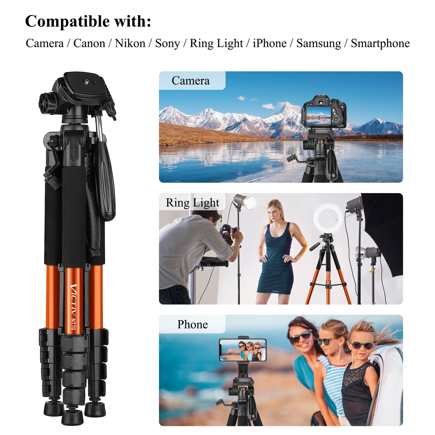 VICTIV 74” Camera Tripod for Canon Nikon Sony, Lightweight Travel Tripod with Carry Bag, Aluminum Professional Camera Tripod Stand for DSLR/SLR (6.35kg/14lb Load)