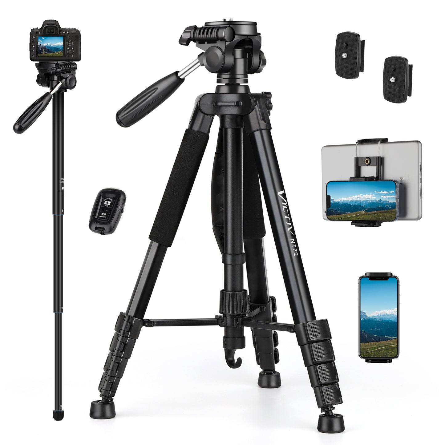 VICTIV 72 inch Camera Tripod with Travel Bag, Phone Tripod with Remote and Phone Holder, Compatible with All Cameras, Cell Phones, Tablets, iPads, Spotting Scopes - NT72 Black