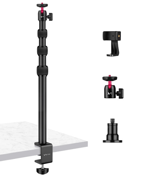 VICTIV Camera Desk Mount Table Stand with Ball Head, 15"-41" Adjustable Desktop Light Stand, Tabletop C Clamp with Phone Clamp for DSLR Camera, Ring Light, Live Streaming, Photo Video Shooting